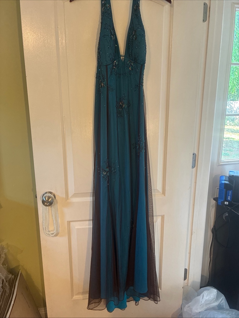 Teal Beaded Plunge Neck Evening Dress Y2K Size 14